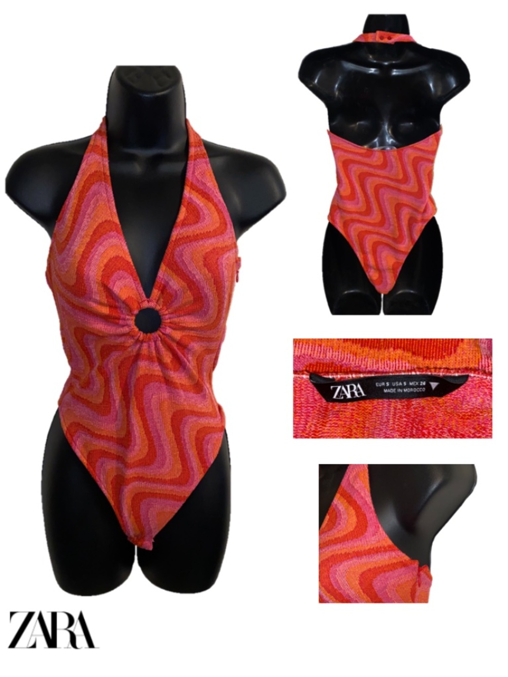 ZARA Women's Orange Pink Swirl Halter Neck One-Piece Bodysuit Size Small